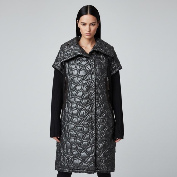 Laflamme Fourrure Jackets & Blazers - Laflamme Fourrure Gunmetal Quilted Long Coat Jacket Knit Sleeve Size M